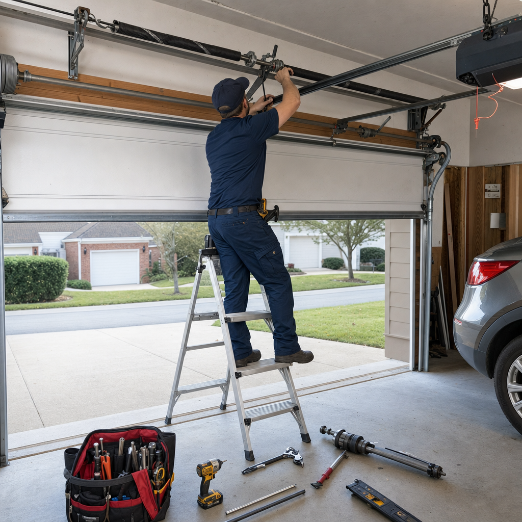 Technician performing professional emergency garage door spring repair in Grafton, WV