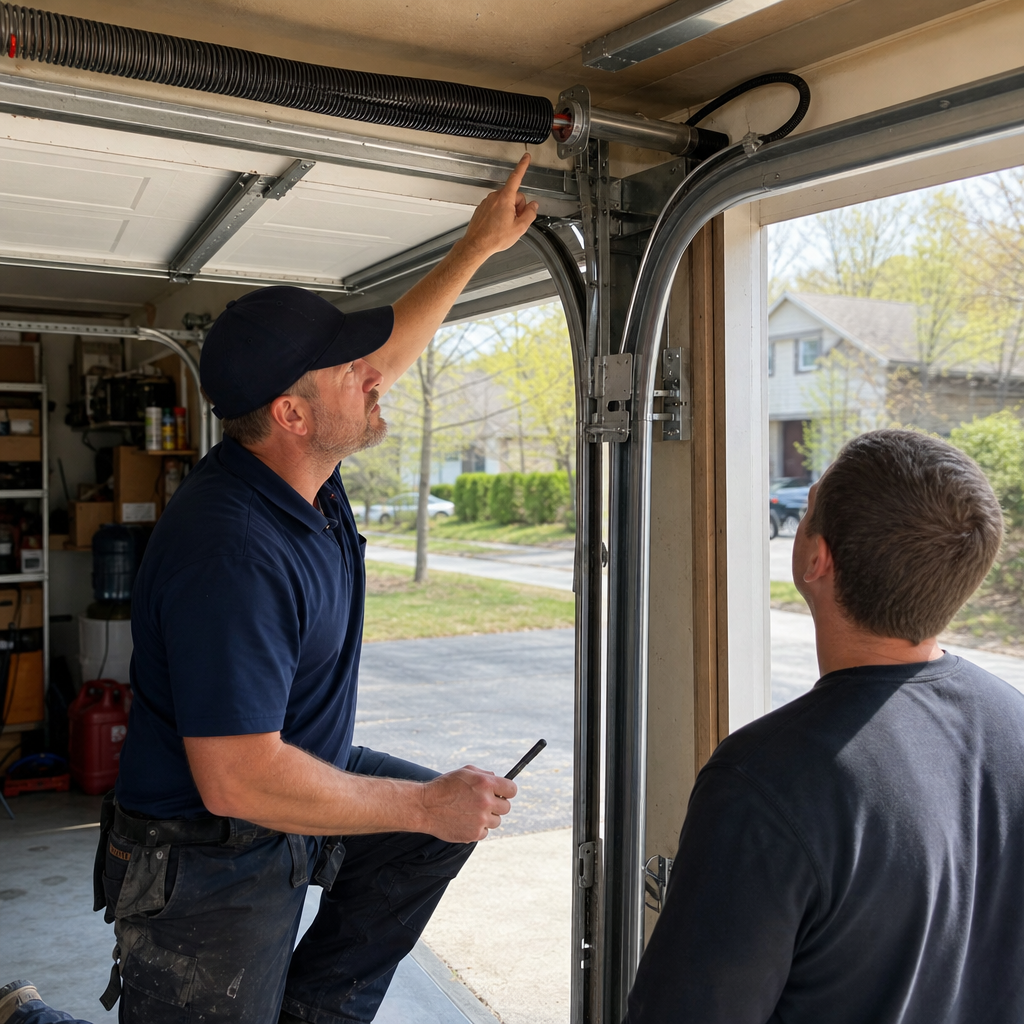 Technician explaining garage door spring mechanism to homeowner in West Virginia, WV