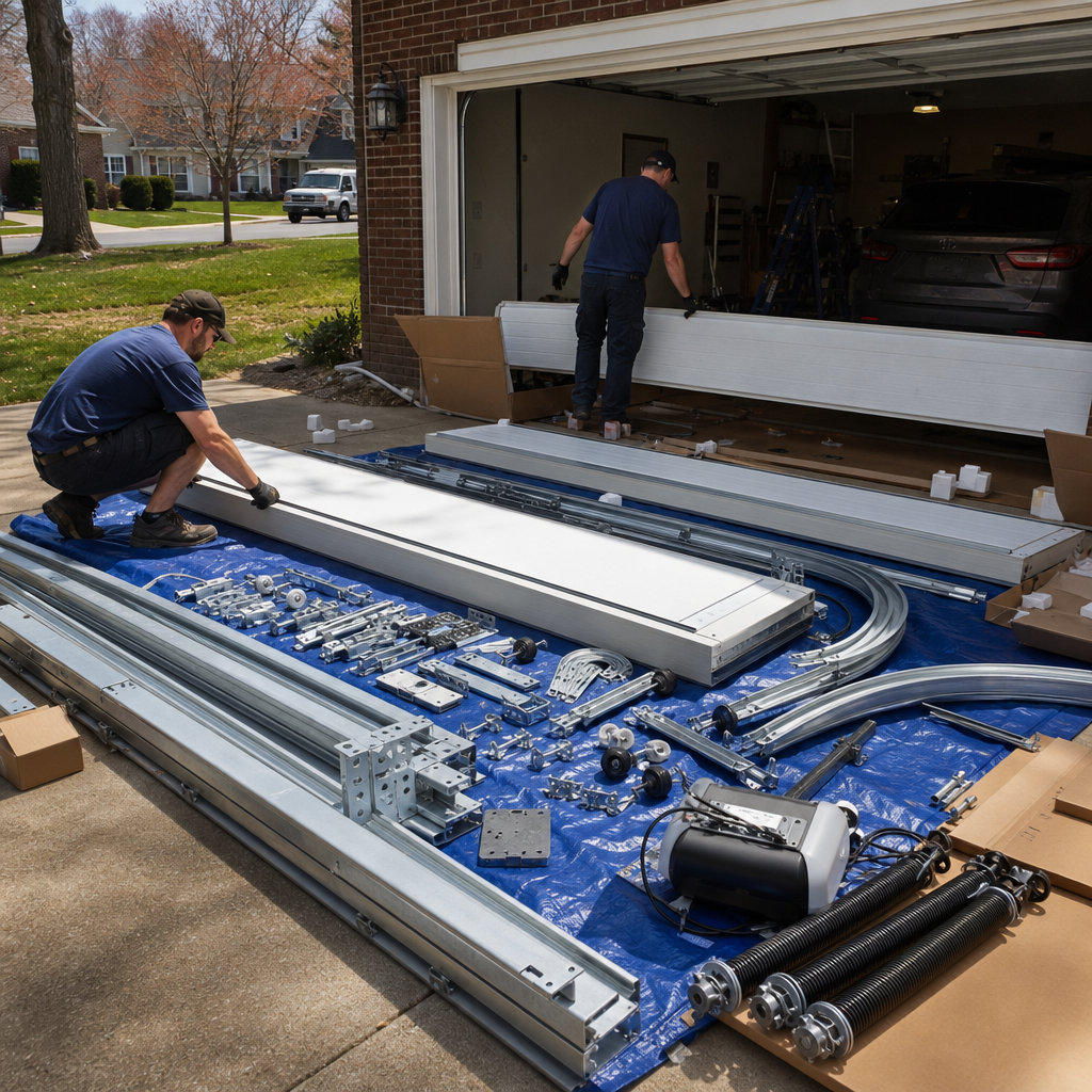 Professional technicians performing a residential garage door installation on site. in West Virginia, WV