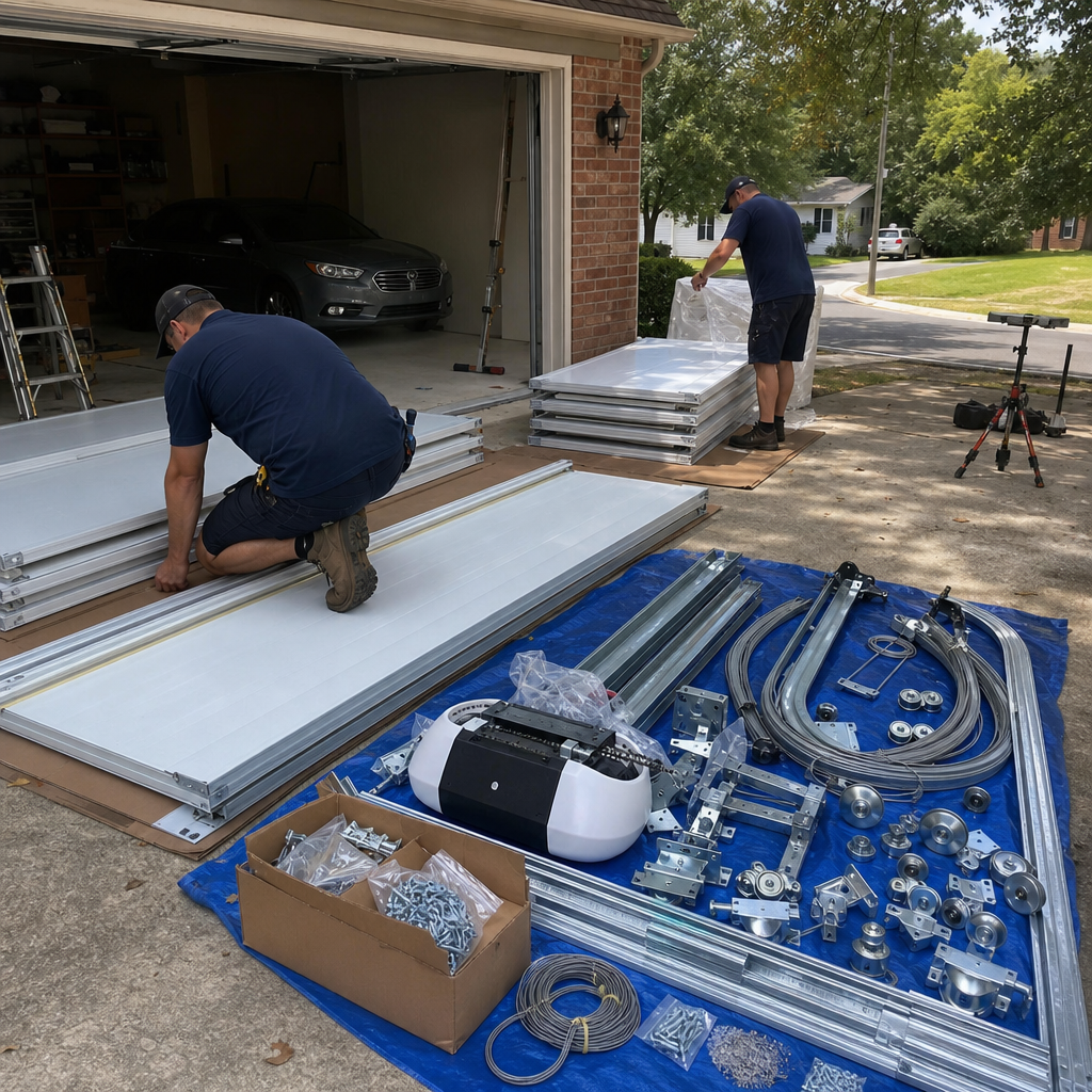 Two technicians preparing materials for a residential garage door installation in Nitro, WV