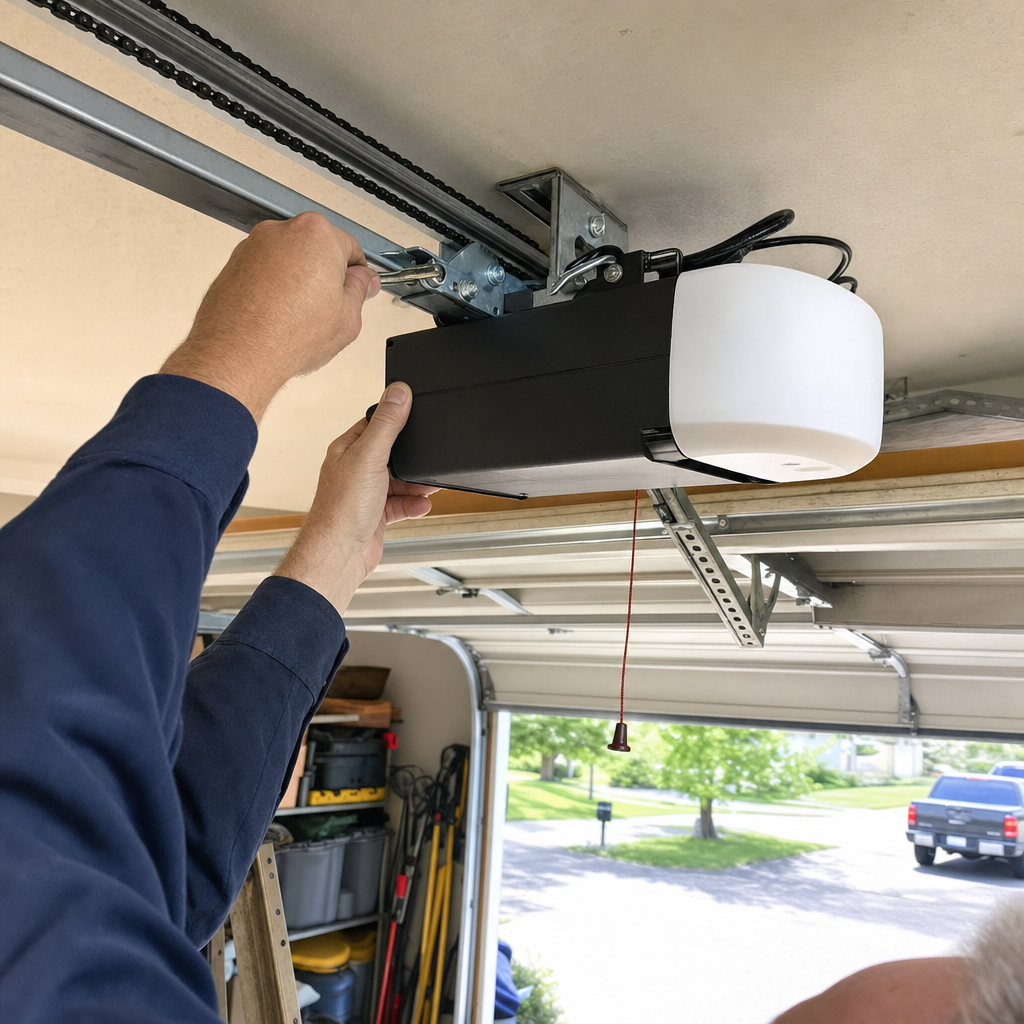 Technician performing professional garage door opener installation or repair