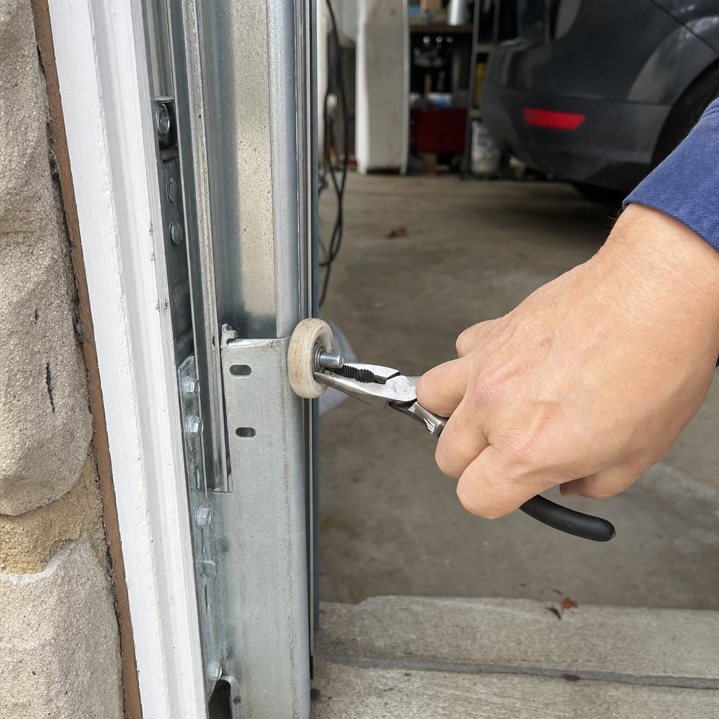 Technician using pliers to repair a garage door roller and track