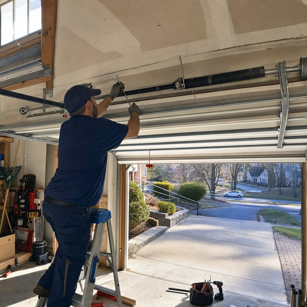 Professional technician repairing residential garage door torsion springs